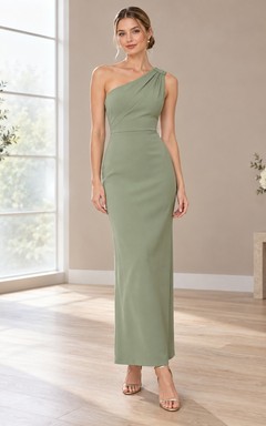 Simple Sage One Shoulder Smooth Column Ankle Length Guest Dress