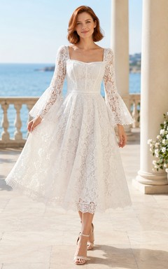 Brautkleid mit quadratischem, langen Ärmeln, Spitze, A-Linie, Teelänge, Muschelsaum, schlicht und elegant
