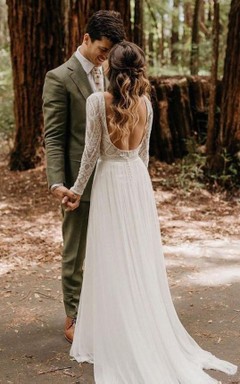 Vestido de novia bohemio de encaje con mangas largas | Vestido de novia blanco vaporoso con mangas