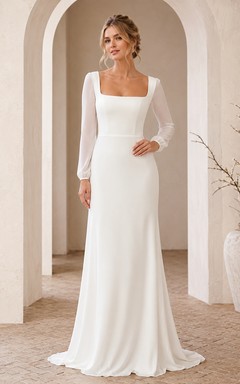 Minimal Square Neck Long Illusion Sleeve Sheath Sweep Train Modern Wedding Gown