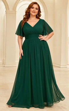 Plus Size Modest Short Sleeve V Neck Chiffon A-Line Formal Dress