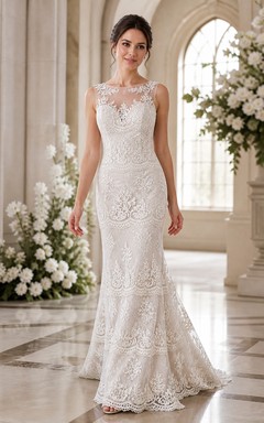 Vestido de novia vintage de encaje sin mangas, de corte recto y cuello alto, estilo modesto.