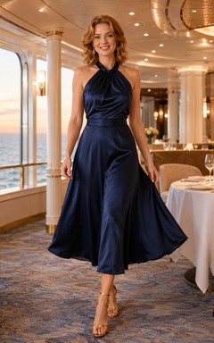 Vestido midi de crucero de corte A con escote halter y satén azul marino oscuro