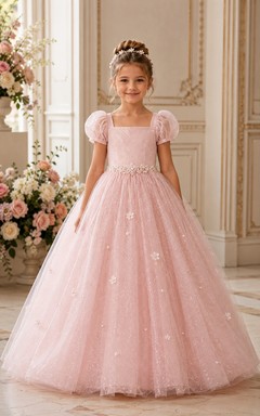 Princess Pink Puff Sleeve Tulle Flower Girl Ball Gown with Floral Appliques