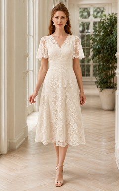 Cream Lace V Neck Short Sleeve A Line Tea Dress