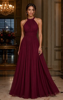 Burgundy Halter Chiffon A-Line Formal Gown
