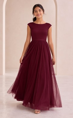 Vestido de dama de honor juvenil Mulberry, corte en A, escote redondo, manga corta, plisado, estilo romántico.