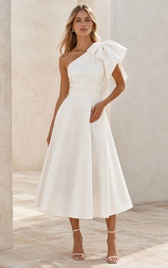 One shoulder bow pleated tea length courthouse wedding dress