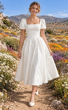 Vestido de novia sencillo de corte A, largo hasta la rodilla, cuello cuadrado, satén, mangas cortas abullonadas.