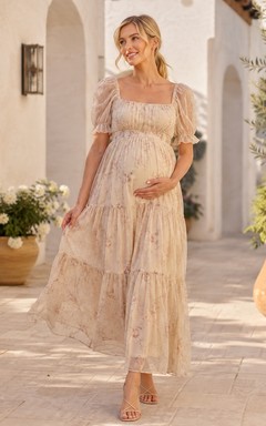 Blush Maternity Square Neck Short Sleeve Tiered Floor-Length Chiffon Dress