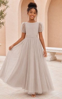 Junior-Brautjungfernkleid, A-Linie, eckig, kurze Puffärmel, Tüll, schlicht und elegant