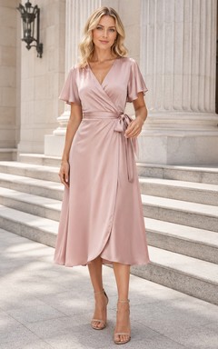 Dusty Rose Chiffon V-neck Wrap Tea-length Guest Dress