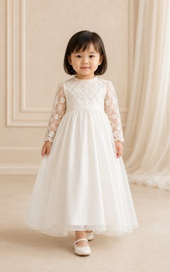 Langärmeliges Taufkleid aus Spitze, A-Linie, bodenlang, aus Tüll