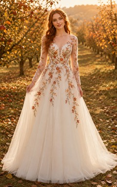 Autumn Burnt Orange Floral Embroidered A-Line Wedding Dress