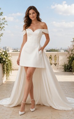 Robe de mariée de luxe moderne courte en satin à épaules dénudées et traîne asymétrique