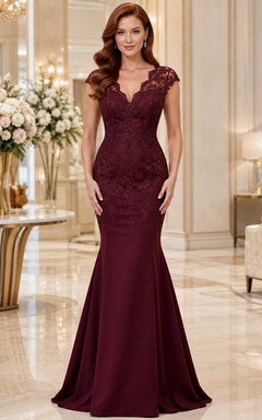 Elegantes burgunderrotes Meerjungfrauenkleid mit V-Ausschnitt, Kappe, Spitze, Illusionsknopfleiste