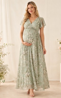 Robe de maternité Sage Floral à col en V, manches papillon, en mousseline, longueur cheville, style empire