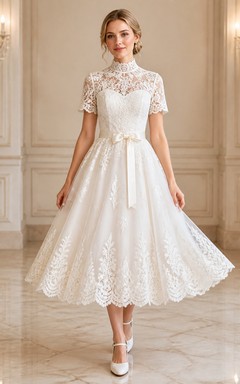 Vestido de novia romántico de corte A hasta la rodilla con cuello alto y mangas cortas