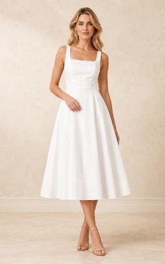 White Satin Spaghetti Strap Square Neck A-Line Tea-length Guest Dress