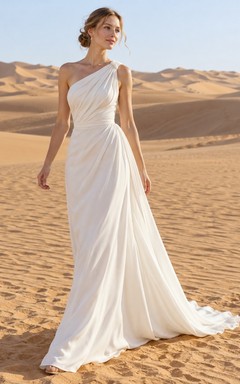 Vestido de novia sencillo de gasa fruncida de un solo hombro con cola.
