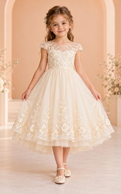 Ivory Illusion Neck Floral Cap Sleeve Flower Girl Dress