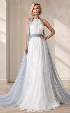 Staubblaues, ärmelloses Chiffon-Brautkleid im A-Linien-Stil mit Neckholder, bodenlang, modern-ländlich