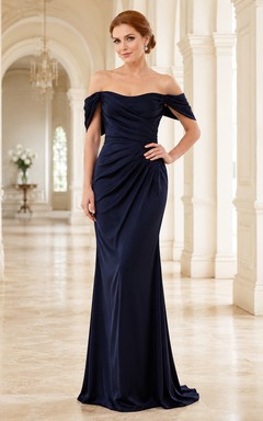 Dunkelblaues, schulterfreies, drapiertes Meerjungfrauenkleid