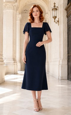 City Hall Dark Navy Square Neck Crepe Sheath Tea-Length Short Sleeve Dress