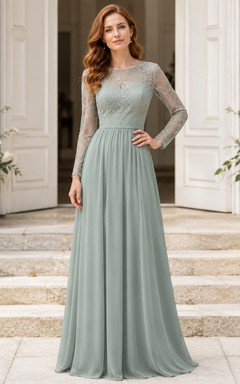 Sage Lace Long Sleeve Chiffon Formal Wedding Guest Gown