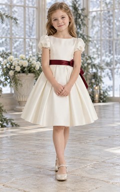 Ivory Satin Puff Sleeve Burgundy Bow Knee Length Flower Girl Dress