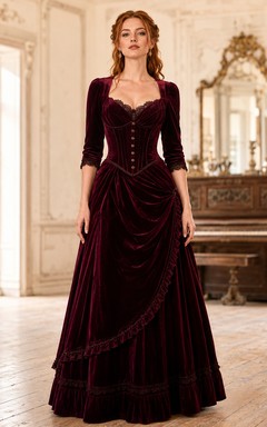 Vestido de estilo western vintage color burdeos con botones frontales, mangas tres cuartos, corte en A y largo hasta el suelo.
