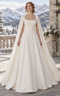 Schlichtes, eckiges Winter-Brautkleid mit gerafftem Oberteil und drapiertem Cape in A-Linie
