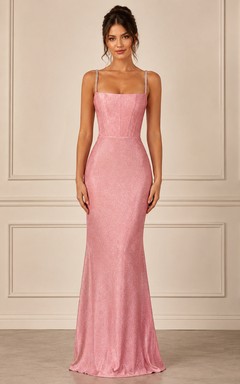 Rose Pink Fitted Prom Dress with Crystal Straps Square Neck Glitter Mermaid Gown