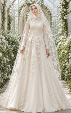Vestido de novia musulmán modesto con velo floral y encaje botánico