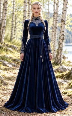 Viking High Neck Long Sleeve Dark Navy Velvet Embroidered Bridesmaid Gown