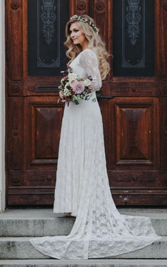 Vestido de novia de gasa, jersey, satén, fajín, cinta y encaje