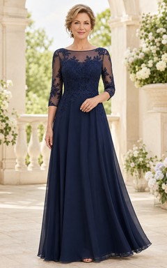 Dunkelblaues A-Linien-Kleid aus Spitze mit Illusionseffekt und Dreiviertelärmeln