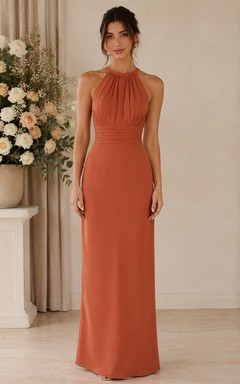 Robe de demoiselle d'honneur fourreau en satin à col montant couleur papaye