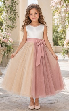 Blushing Pink Color Block A-Line Tulle Flower Girl Dress, Sleeveless Jewel Neck, Ribbon Bow, Tea-Length Garden