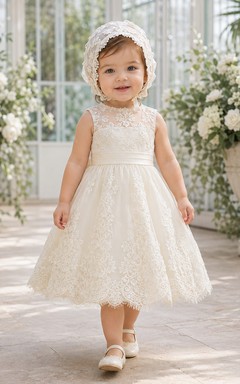 Baby Baptism Christening Ceremony Dress A-Line Tea-Length Jewel Neck Sleeveless Tulle Lace Bow Back Button Back