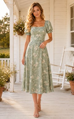 Sage floral square neck puff sleeve farmhouse guest midi dress