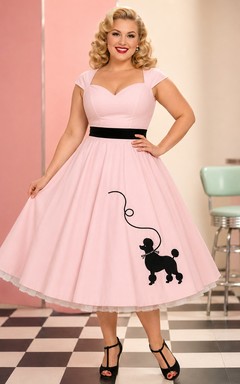 Blushing Pink Plus-Size Sweetheart Cap-Sleeve Poodle Applique Vintage Tea Dress