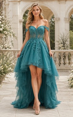 Sky Blue Off-Shoulder Applique Tulle Layered High-Low Romantic Wedding Dress