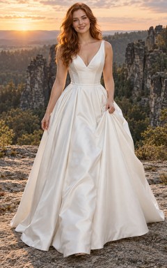 Vestido de novia sencillo y moderno de satén, corte en A, escote en V, sin mangas, falda plisada y cola larga.