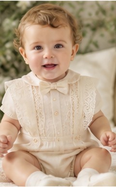 Grenouillère de baptême en dentelle crème avec bavoir et nœud papillon pour bébé garçon