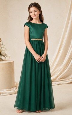 Dunkelgrünes Brautjungfernkleid für junge Damen, A-Linie, Rundhalsausschnitt, kurze Flügelärmel, Satinschärpe/Band, elegant