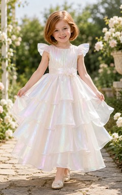 Adorable vestido de niña de flores de organza iridiscente con corte en A, mangas con forma de pétalo, escote cuadrado y falda asimétrica escalonada.