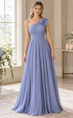 Romantisches, periwinkelfarbenes Chiffon-Brautjungfernkleid mit One-Shoulder-Schleife, diagonalen Raffungen und Falten, bodenlang