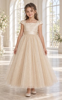 Square-Neck Champagne A-line Tulle Cap-sleeve Ankle-length Sparkling Bow-back Flower Girl Dress