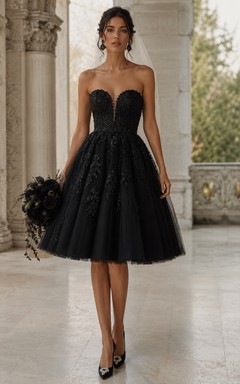 Black Strapless Tulle Short Wedding Dress